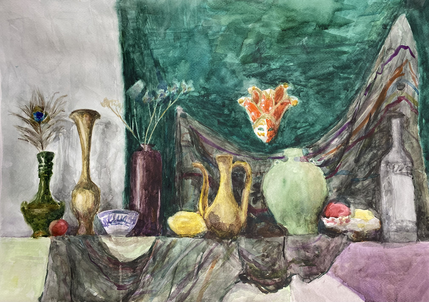 Бабуева Суржана, 13 лет. «Натюрморт с маской», бумага, акварель, 2024 г. Преподаватель Надагурова Ю.В.