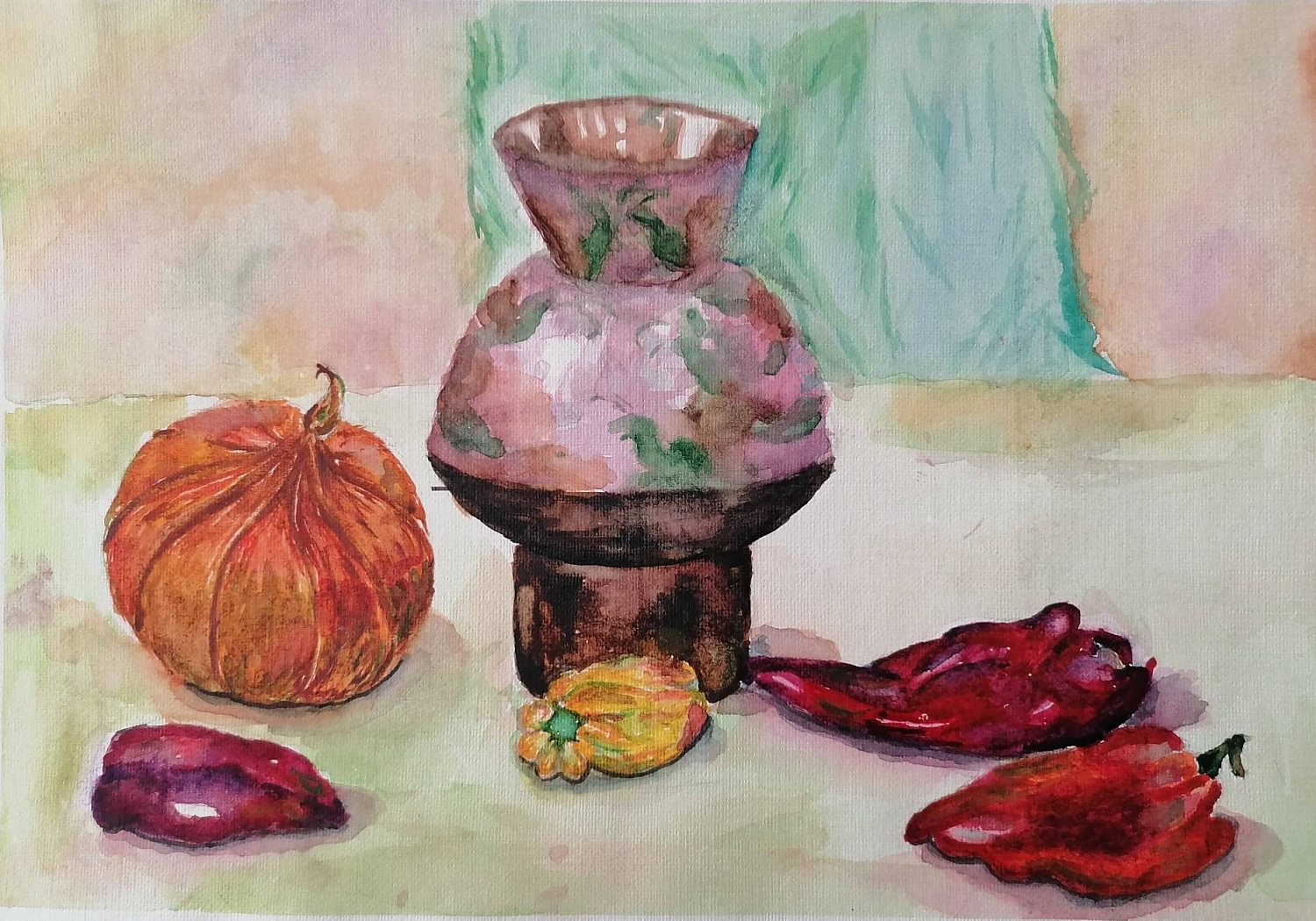 Хорошунова Валерия, 12 лет. "Натюрморт с перцами", бумага, акварель, 2018 г. Преподаватель Цыремпилова Е.Л.