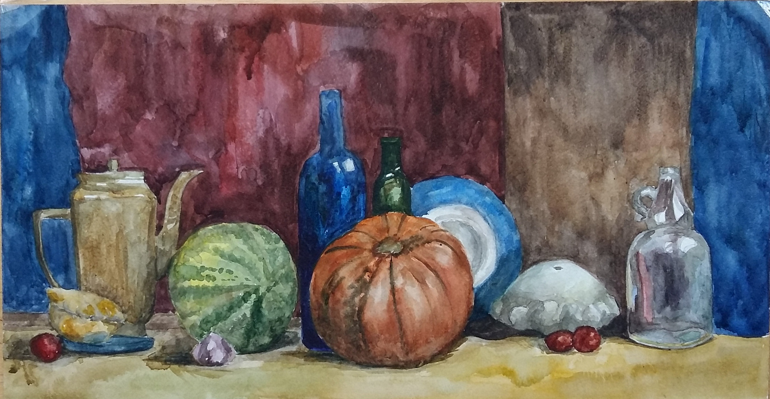 Бадмаева Адиса, 13 лет. Натюрморт с тыквами, бумага, акварель. 2019 г. Преподаватель Ульзутуева А.А.
