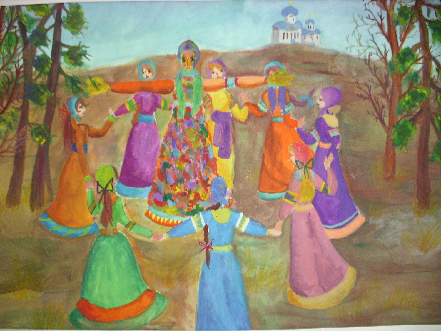 Пластинина Настя, 11 лет, Масленица. Хоровод , бумага, гуашь. Преподаватель Поспелова В.А.