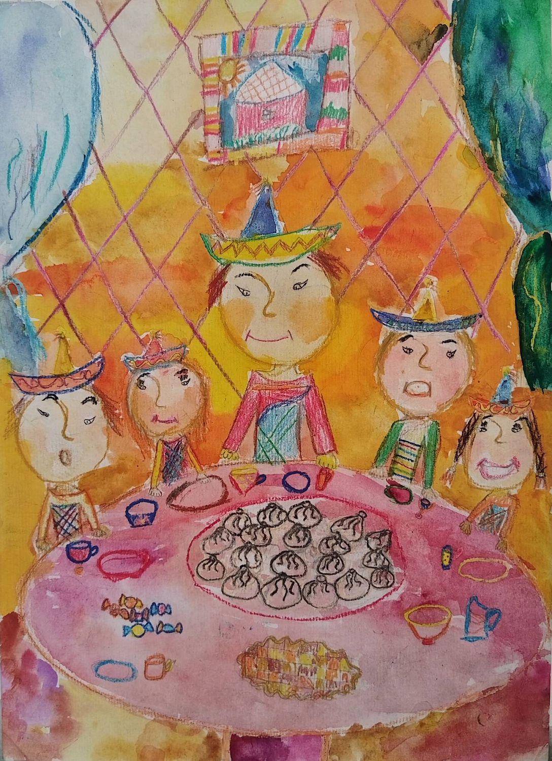 Аносова Ксения, 7 лет. Чаепитие, бумага, смешанная техника, 2016 г. Преподаватель Цыремпилова Е.Л.