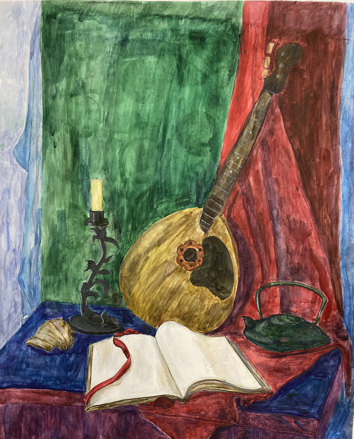 Козлова Юля, 14 лет, Натюрморт с музыкальным инструментом и подсвечником, бумага, акварель. Преподаватель Надагурова Ю.В