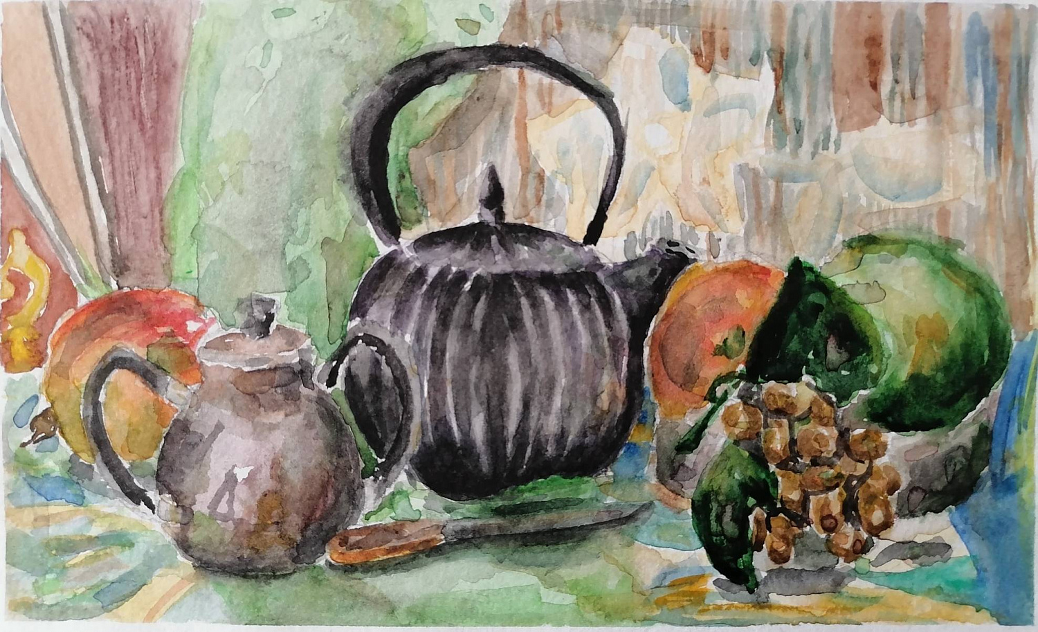 Хорошунова Валерия, 12 лет. "Натюрморт с чайником", бумага, акварель, 2018 г. Преподаватель Цыремпилова Е.Л.