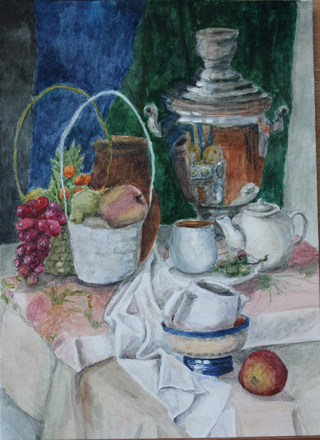 Берг Оксана, 13 л., Натюрморт с белыми предметами, бум., акварель, 2018 г . Преподаватель Ульзутуева А.А.