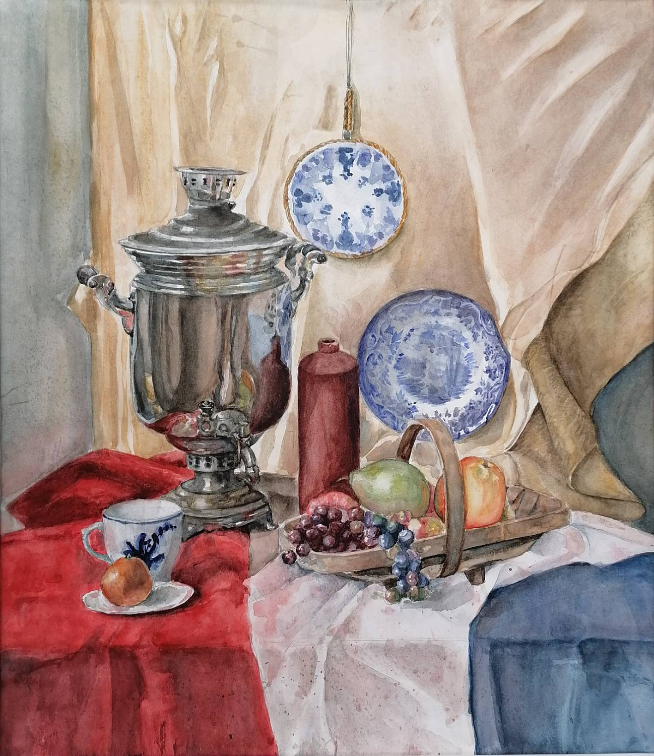 Бадмаева Дари, 15 лет. "Натюрморт с самоваром", бумага, акварель, 2024 г. Преподаватель Цыремпилова Е.Л.