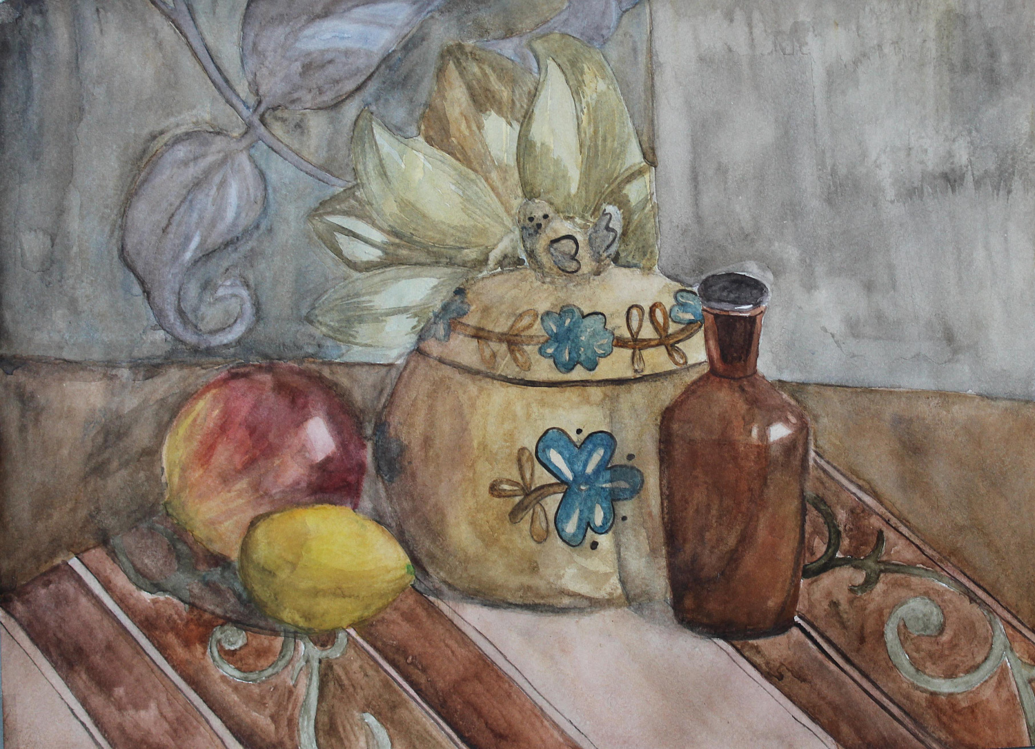 Комиссарова Айгуль, 12 л., Натюрморт с жаровней и гранатом, 2016 г., бум., акварель. Преподаватель Ульзутуева А.А.