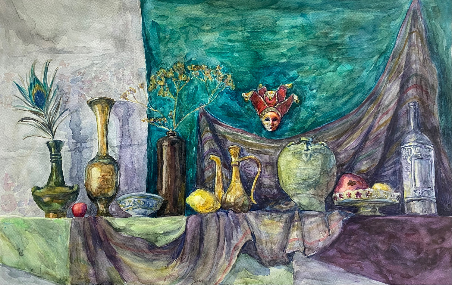 Кучумова София, 15 лет. Натюрморт с маской, бумага, акварель, бумага, акварель. Преподаватель Надагурова Ю.В.