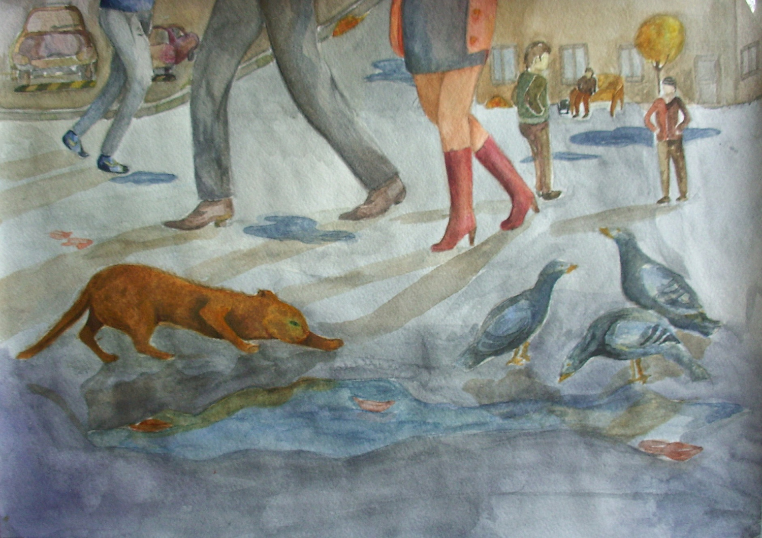 Балаганова Бальжима, 14 лет. Люди, голуби, собаки. бумага, акварель. Преподаватель Борисова Е.С.