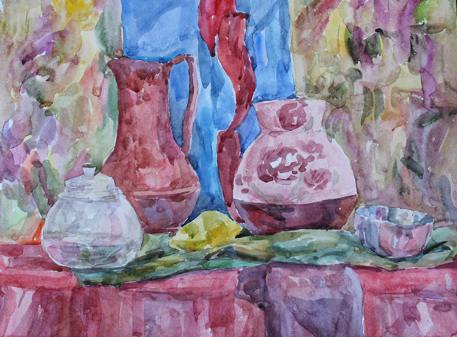 Хилханова Алтана, 13 л., Натюрморт с красным кувшином, бум., акварель, 2017 г. Преподаватель Ульзутуева А.А.