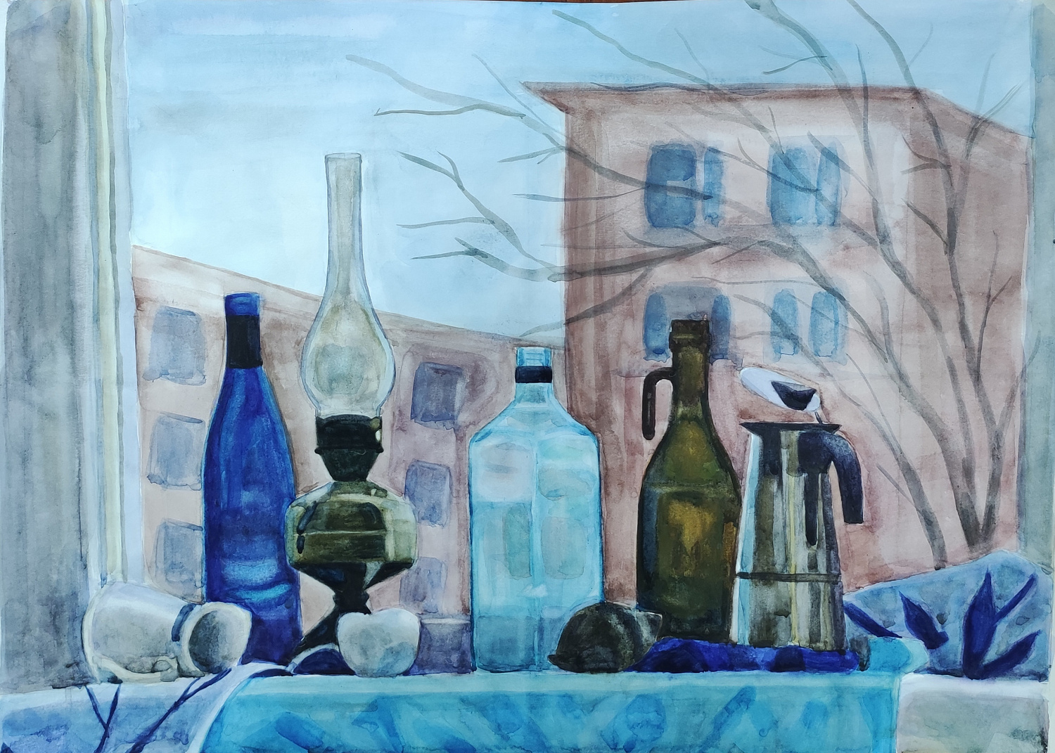 Ертанова Алтана, 14 л., Натюрморт с синими бутылками на окне, бум.,акварель, 2022 г. Преподаватель Хван Д.Г.