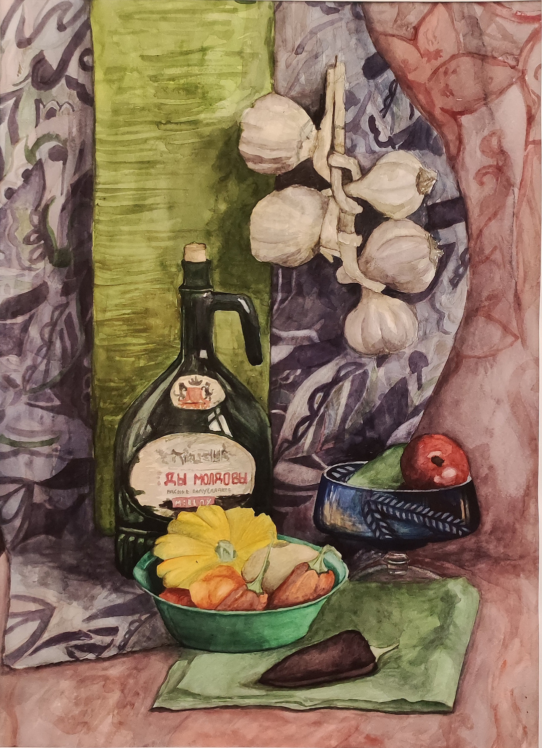 Титова Мария, 14 лет, "Натюрморт с домброй", бумага, акварель. Преподаватель Гармаев Б.В.