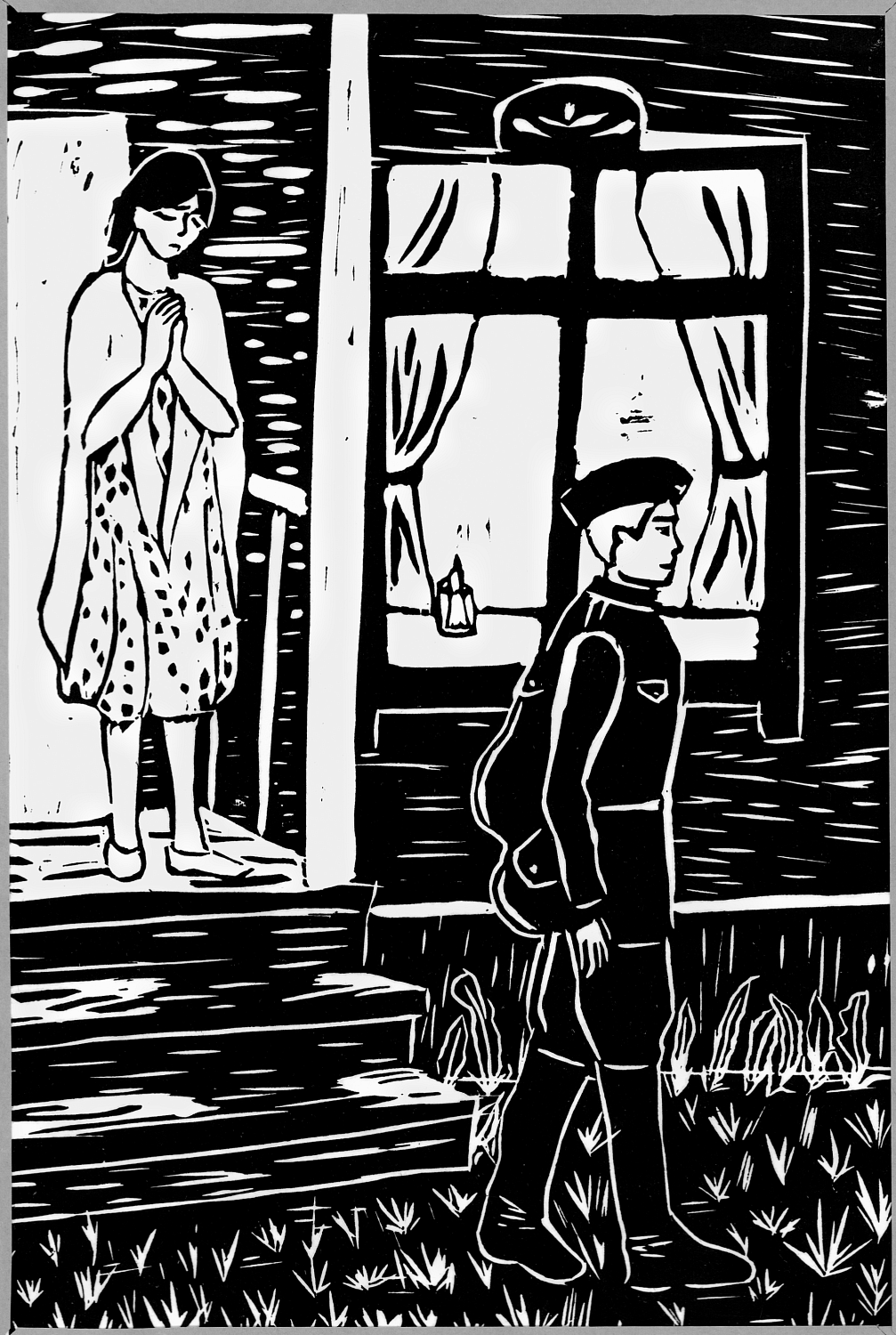 Дараева Адиса, 14 лет. Прощание, линогравюра. 2025 г. Преподаватель Хван Д.Г.