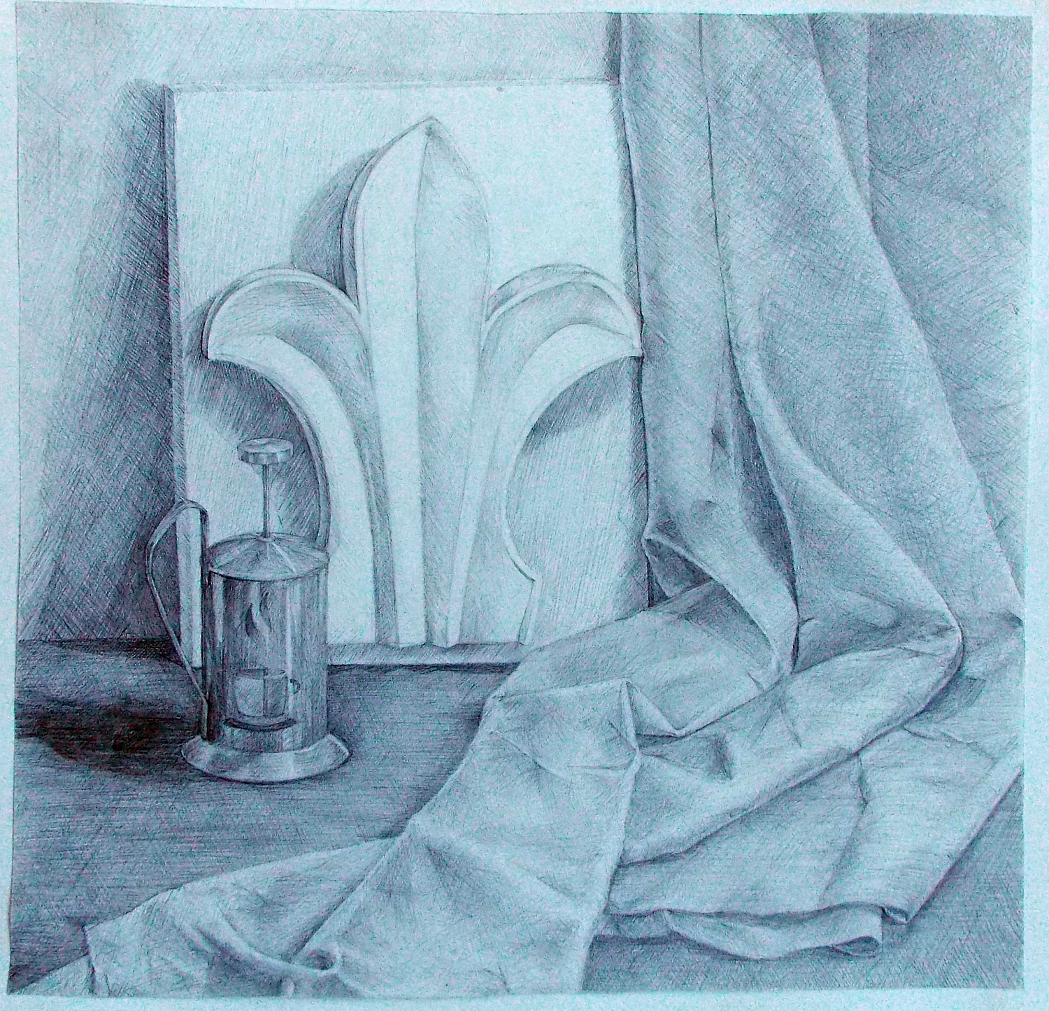 Челенкова Фиона, 15 л., Натюрморт с гипсовой розеткой, бум., карандаш, 2017. Преподаватель Ульзутуева А.А