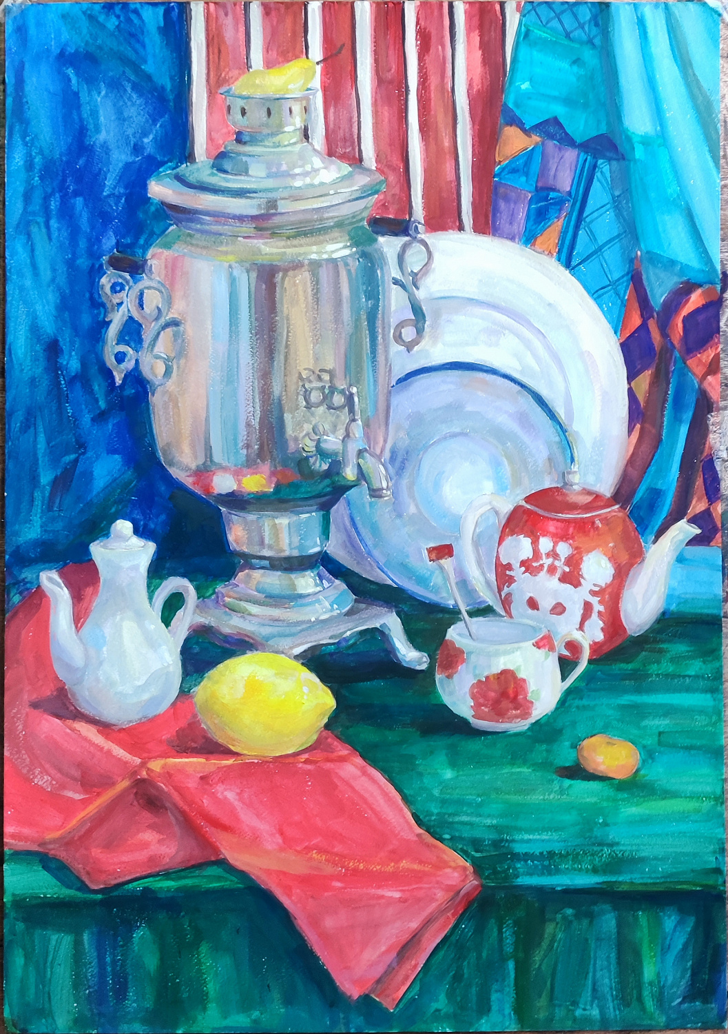 Чемитова Арина, 15 л., Натюрморт с самоваром и лимоном, бумага, гуашь, 2022 г.  Преподаватель Ульзутуева А.А.