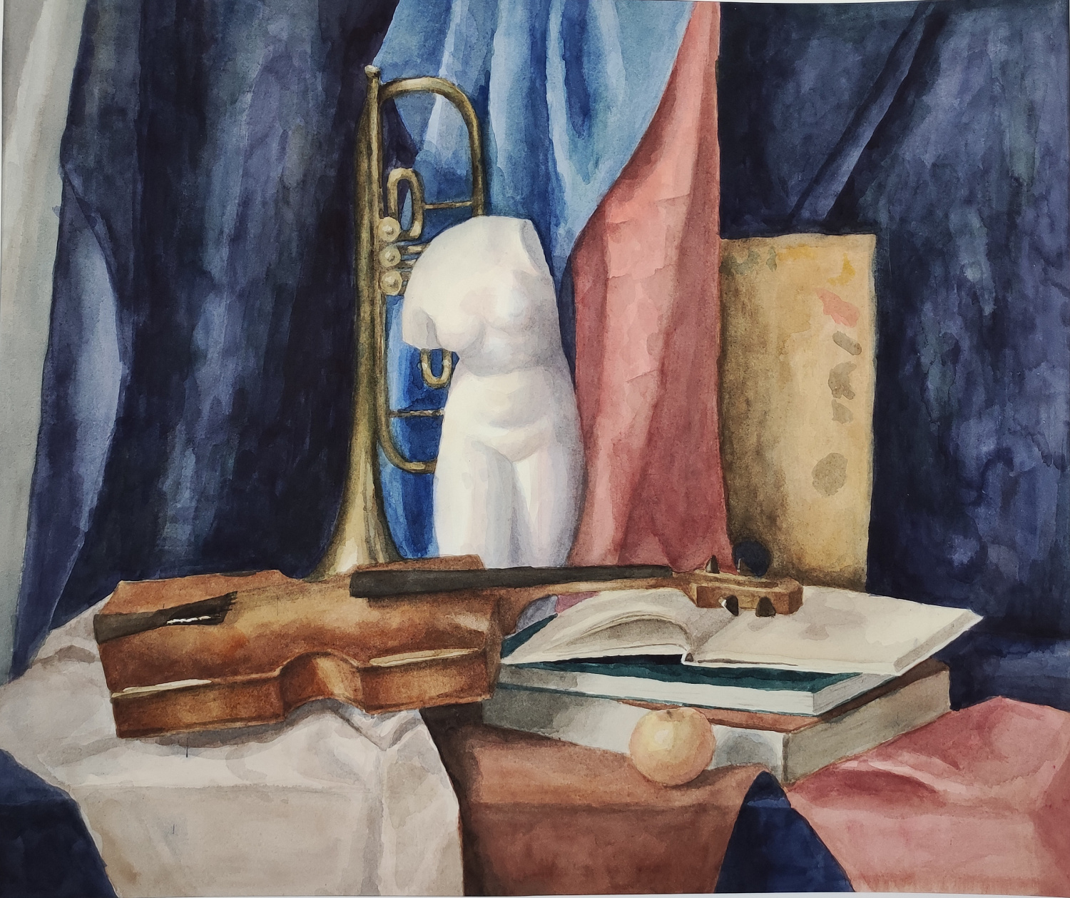 Болхонова Ирина 15л., Атрибуты искусств, бум., акварель, 2019 г. Преподаватель Ульзутуева А.А.