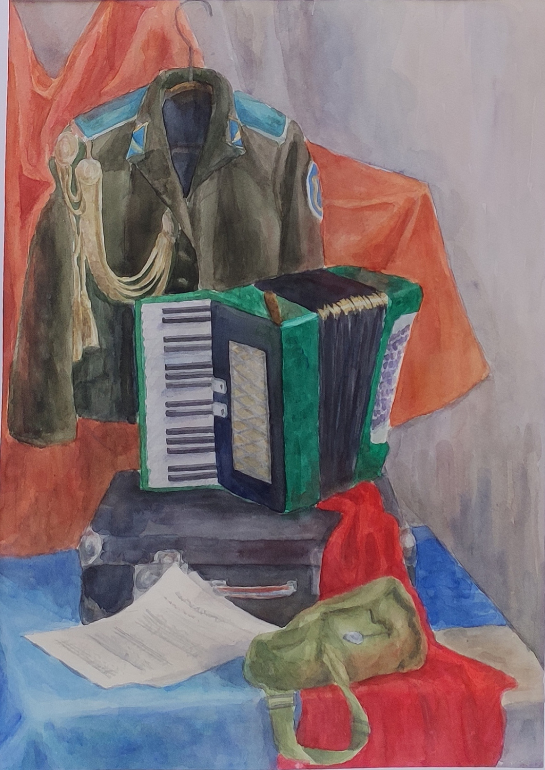 Галсанова Нарана, 14 л., Постановка с аккордеоном, бум., акварель, 2019 г. Преподаватель Ульзутуева А.А.