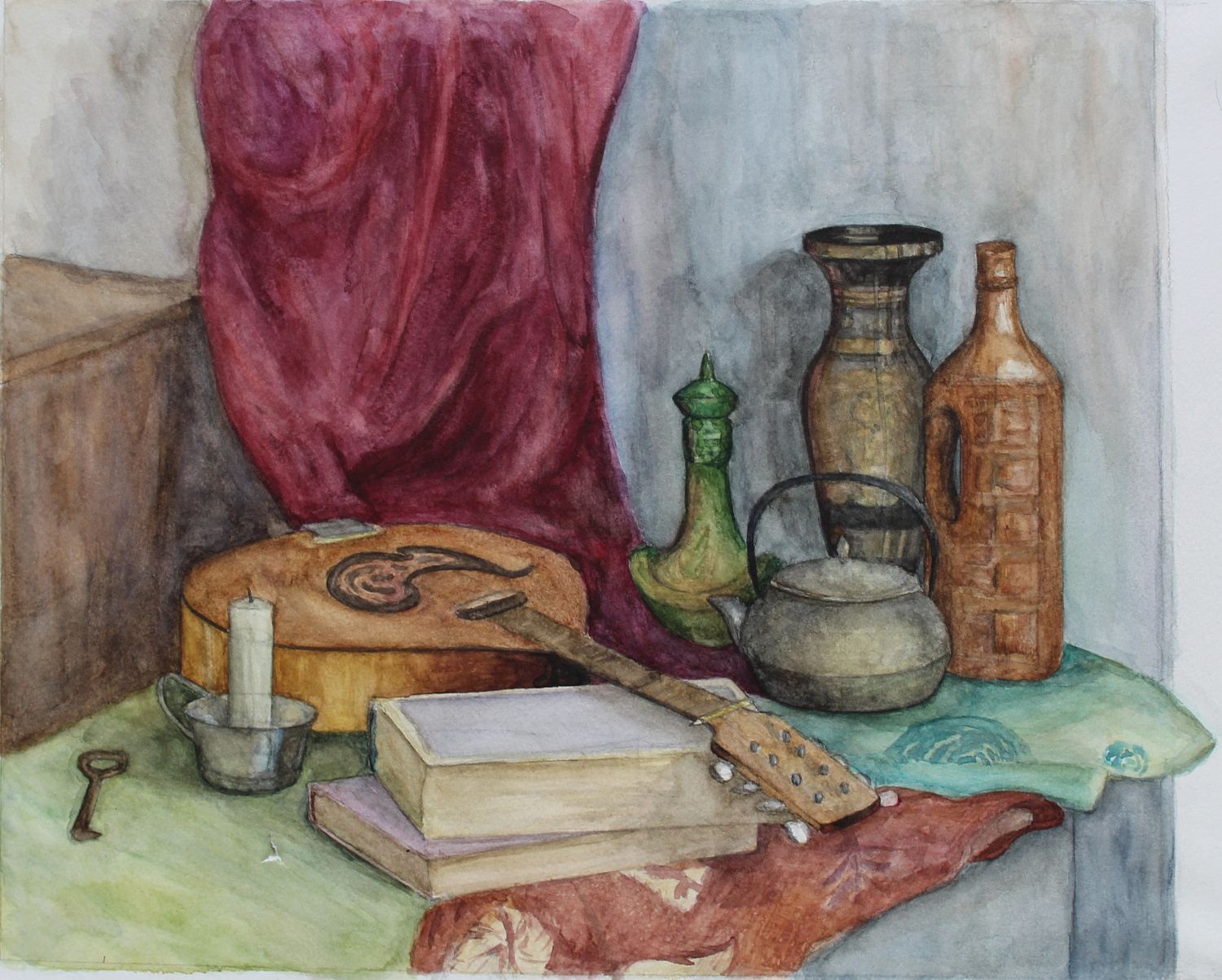 Бадмаева Адиса, 13 лет. Натюрморт с мандолиной, бумага, акварель, 2018 г., Преподаватель Ульзутуева А.А.