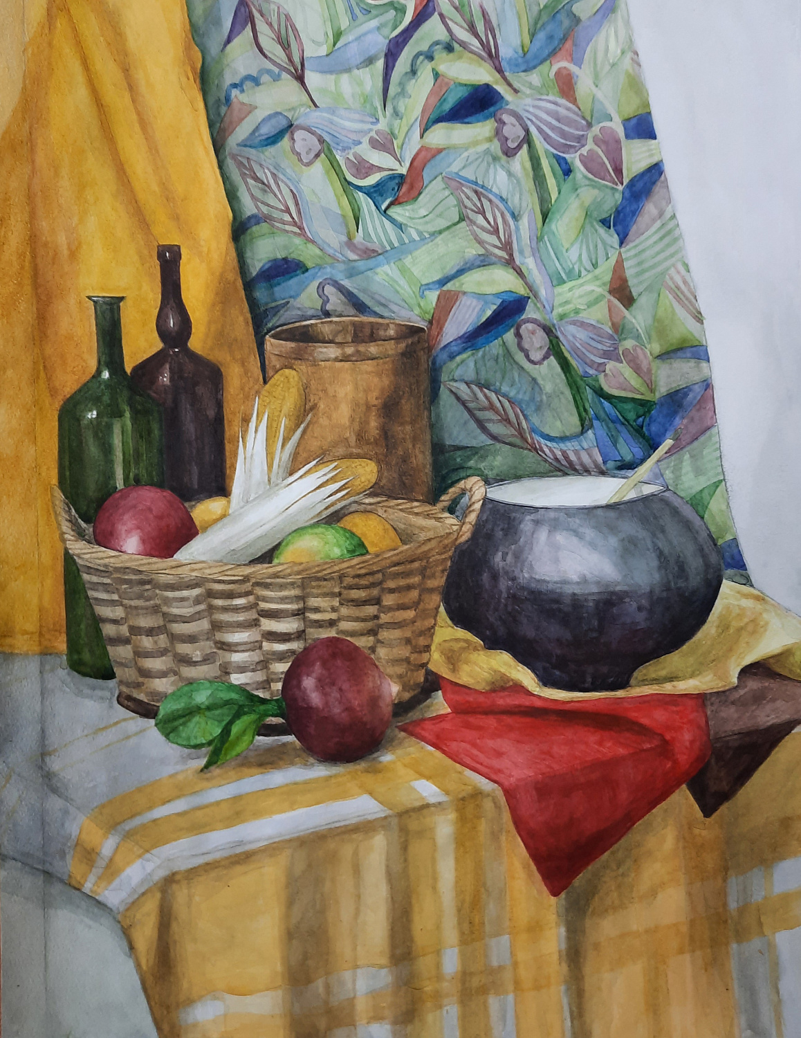 Жигмитова Бутид, 15лет. Натюрморт с корзиной и чугунком, бумага, акварель. Преподаватель Надагурова Ю.В.