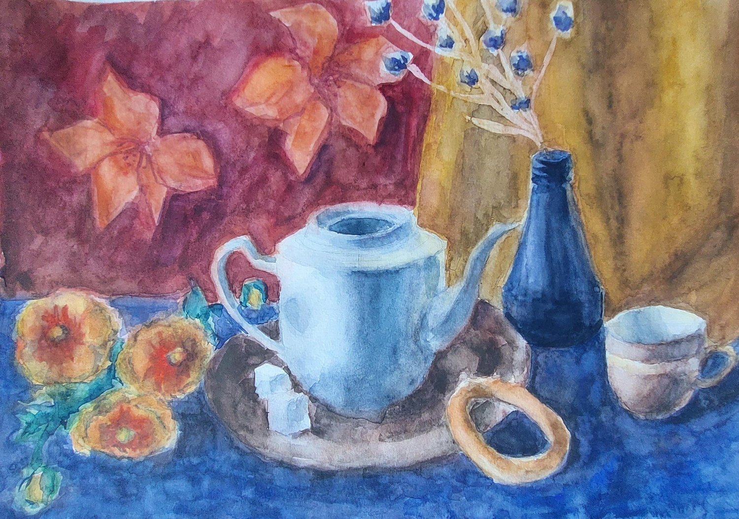 Вотякова Дарья, 15 лет. "Натюрморт с атрибутами искусства", бумага, акварель, 2021 г.  Преподаватель Цыремпилова Е.Л.